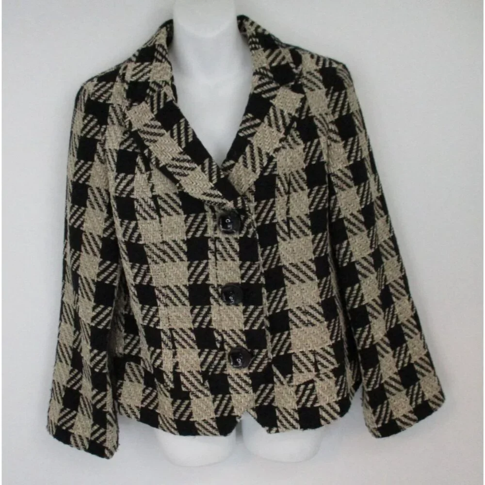 Coldwater Creek Blazer Womens Size 14 Buffalo Check 3-Button Black Tan